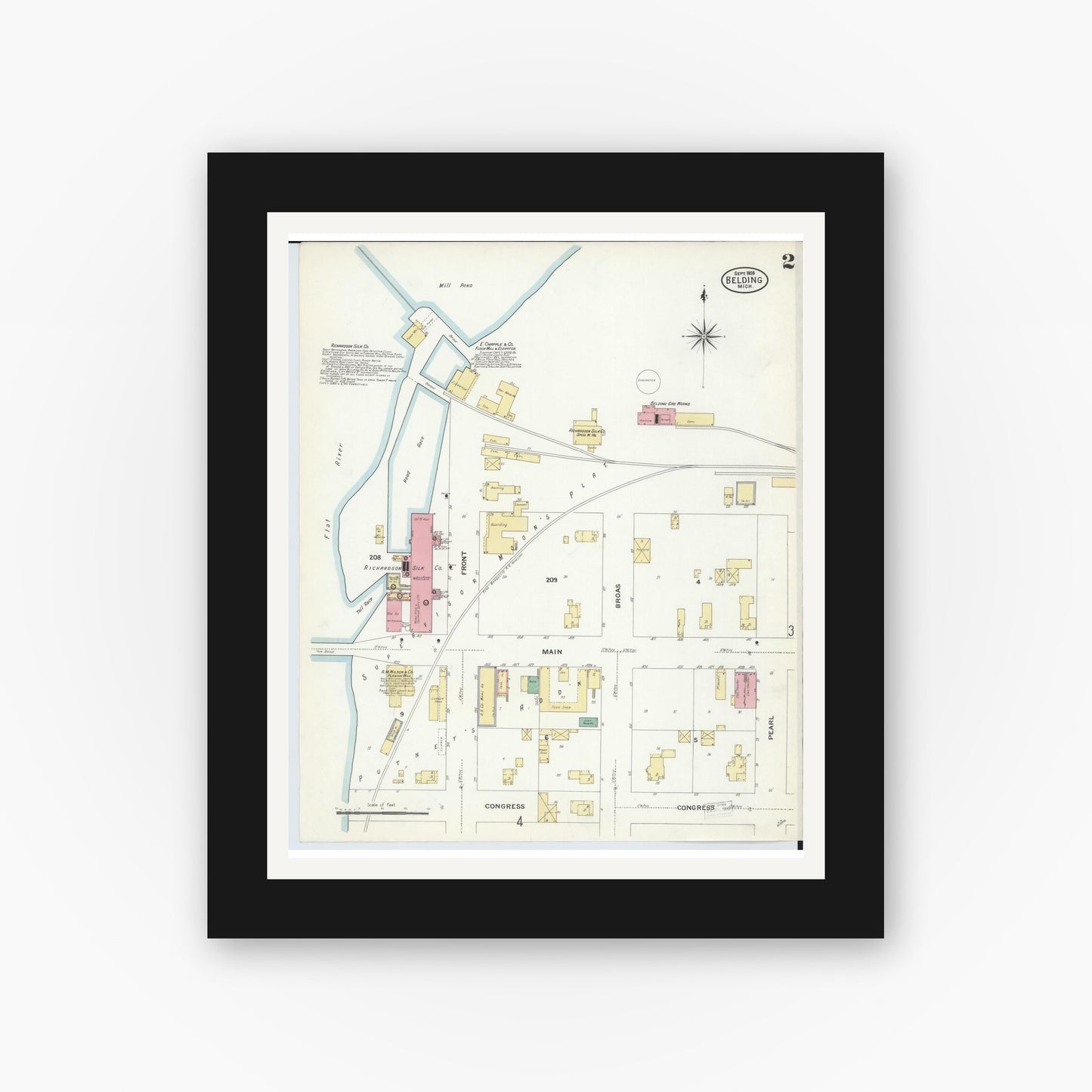 Old map wall art mockup — black gallery frame with white mat — Sanborn Fire Insurance Map from Belding, Ionia County, Michigan (1908), Sheet #0002