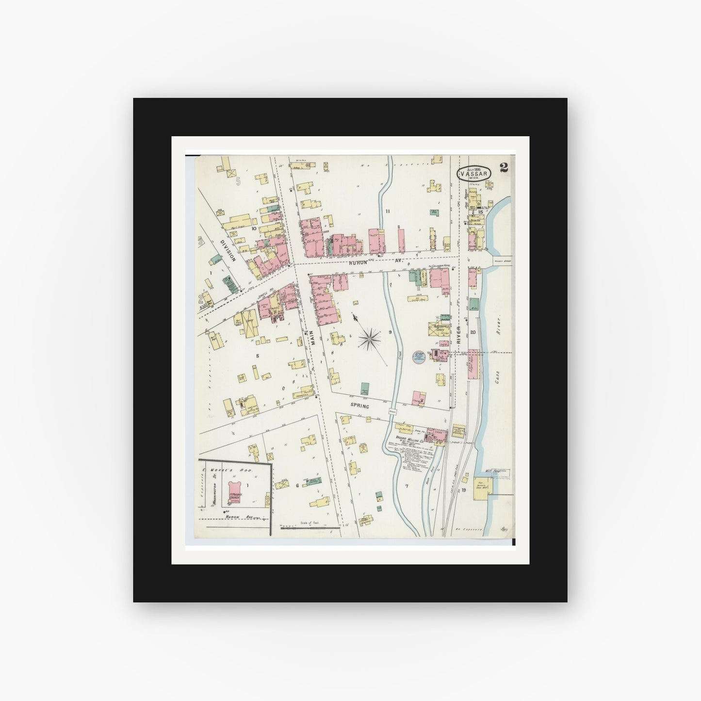 Old map wall art mockup — black gallery frame with white mat — Sanborn Fire Insurance Map from Vassar, Tuscola County, Michigan (1895), Sheet #0002
