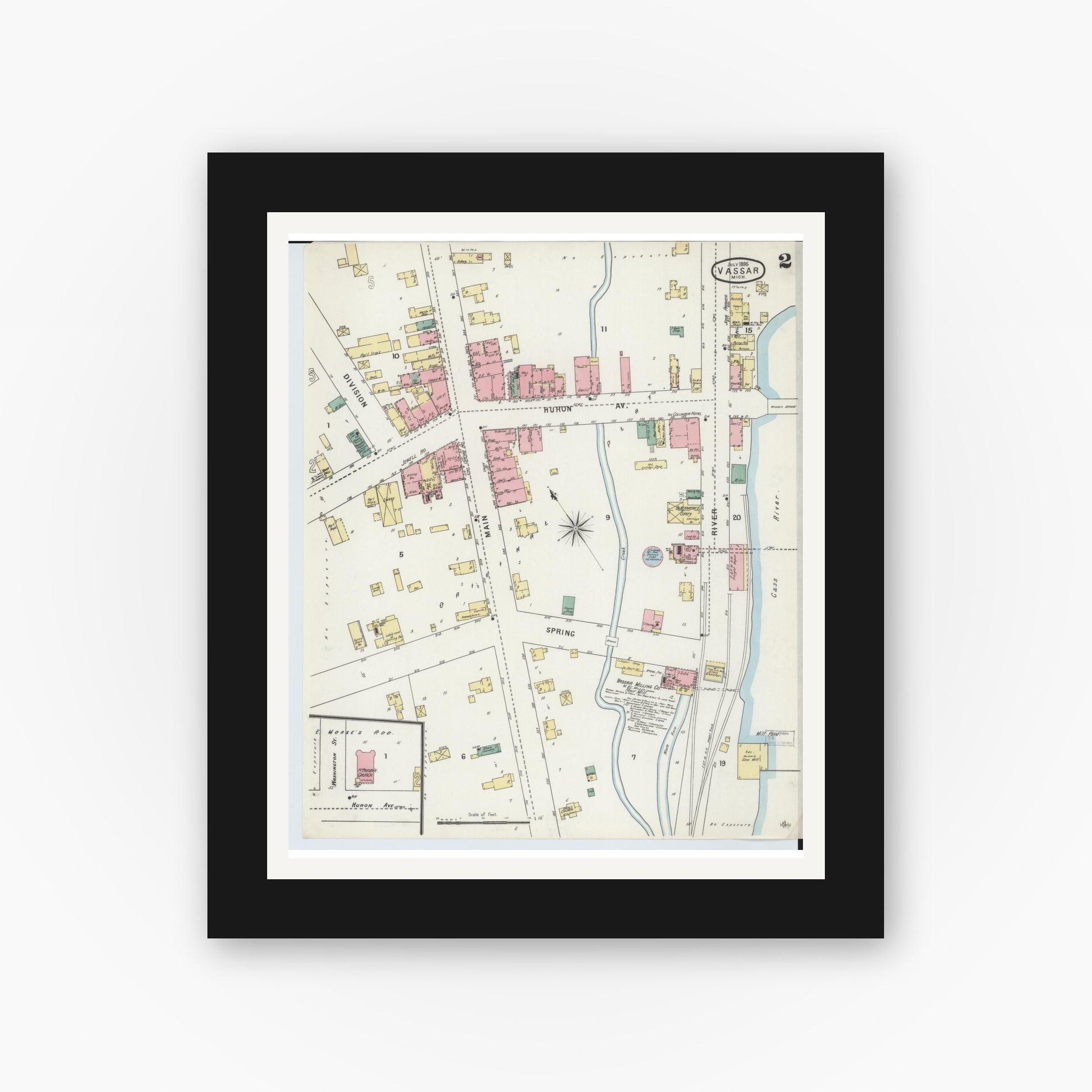 Old map wall art mockup — black gallery frame with white mat — Sanborn Fire Insurance Map from Vassar, Tuscola County, Michigan (1895), Sheet #0002