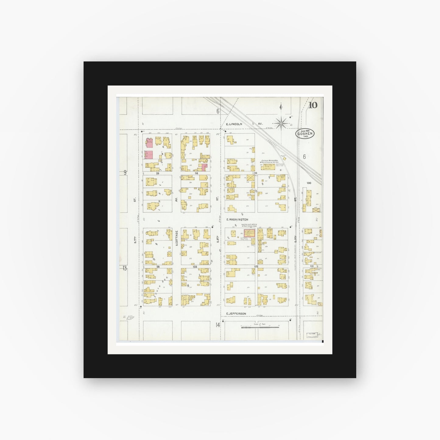 Old map wall art mockup — black gallery frame with white mat — Sanborn Fire Insurance Map from Goshen, Elkhart County, Indiana (1905), Sheet #0010