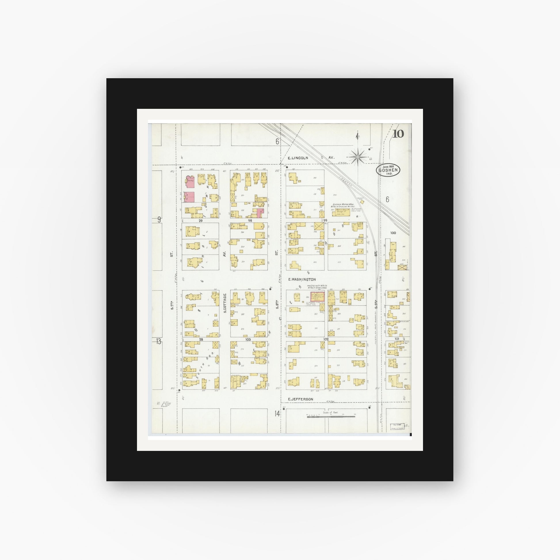 Old map wall art mockup — black gallery frame with white mat — Sanborn Fire Insurance Map from Goshen, Elkhart County, Indiana (1905), Sheet #0010