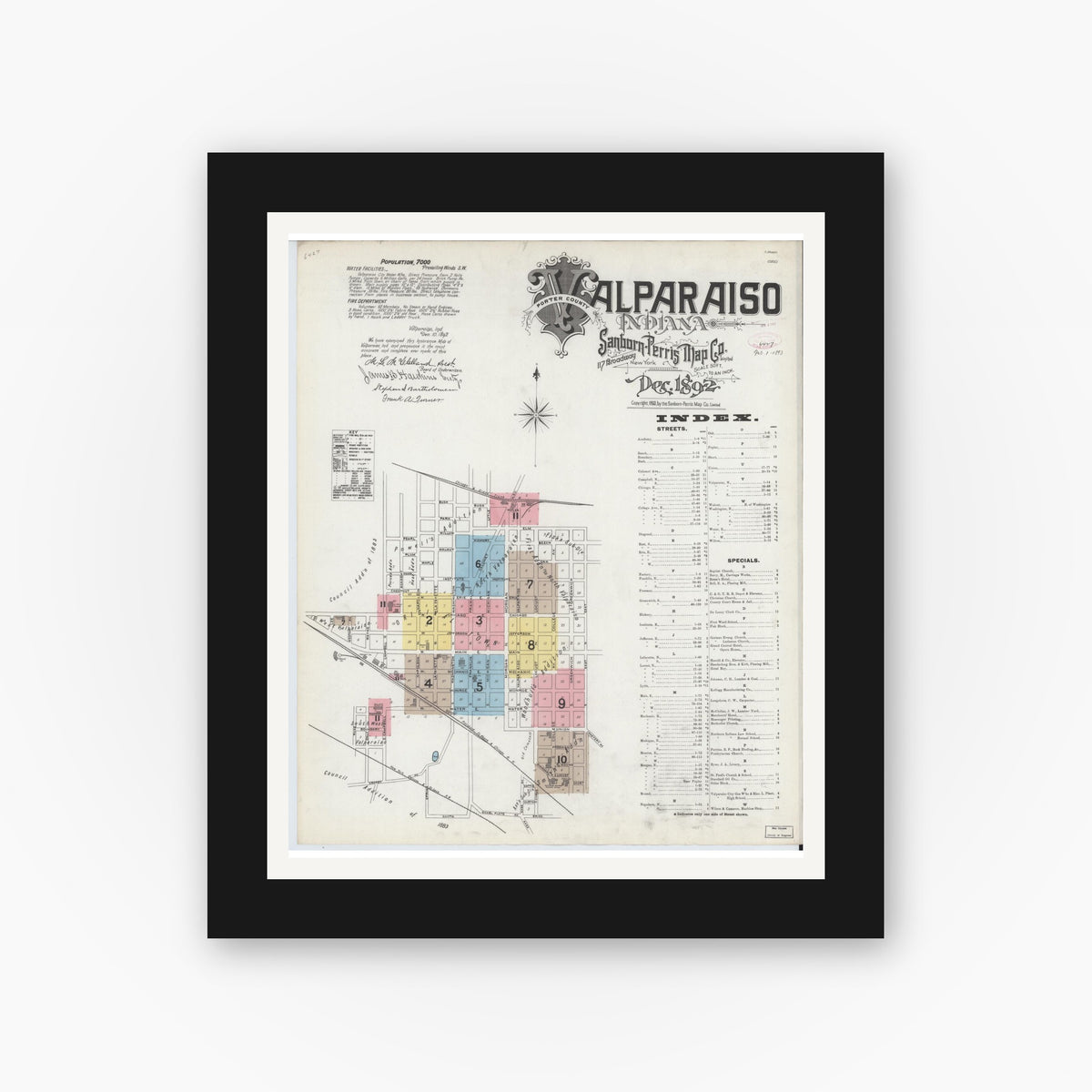 Old map wall art mockup — black gallery frame with white mat — Sanborn Fire Insurance Map from Valparaiso, Porter County, Indiana (1892), Sheet #0001
