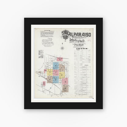 Old map wall art mockup — black gallery frame with white mat — Sanborn Fire Insurance Map from Valparaiso, Porter County, Indiana (1892), Sheet #0001