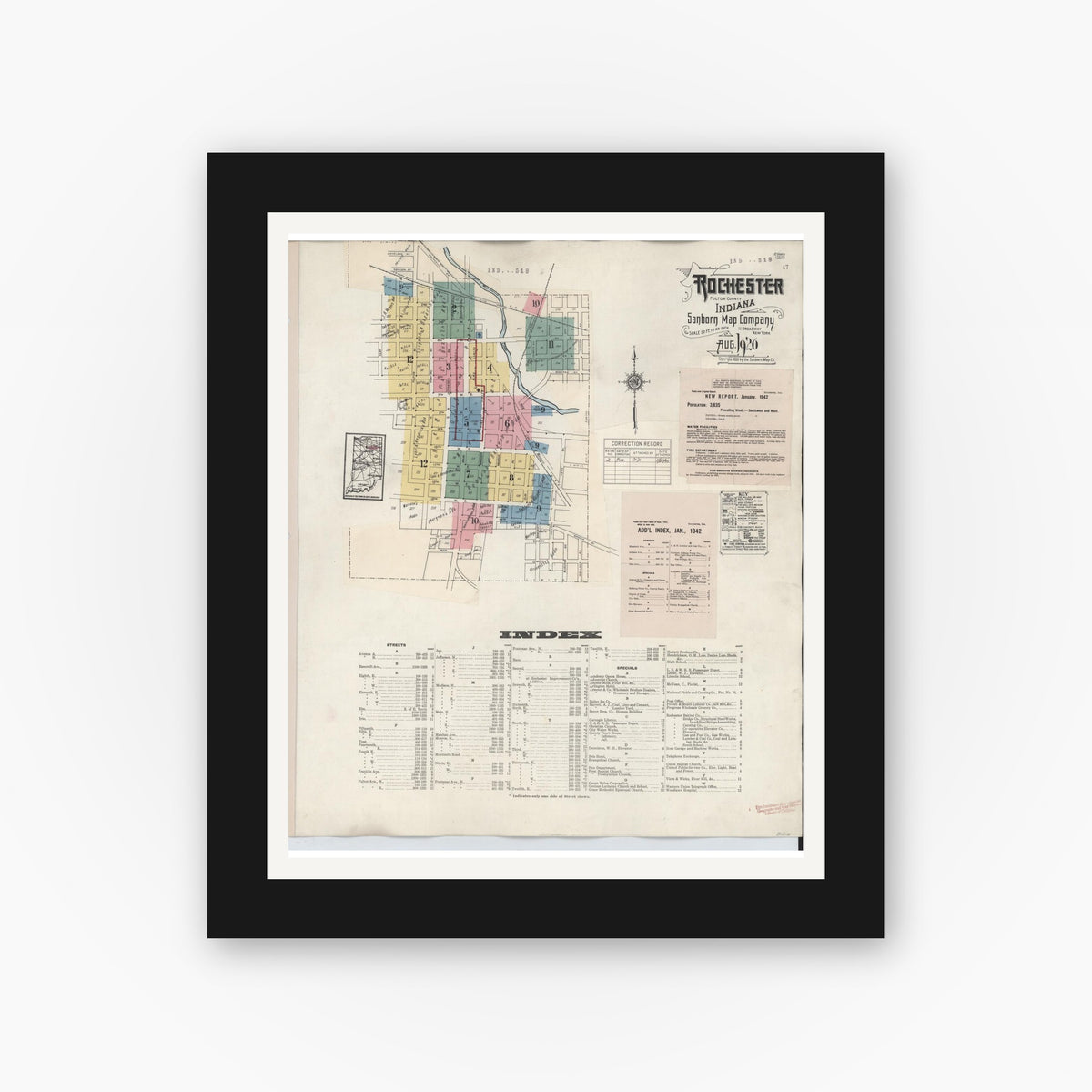 Old map wall art mockup — black gallery frame with white mat — Sanborn Fire Insurance Map from Rochester, Fulton County, Indiana (1942), Sheet #0001