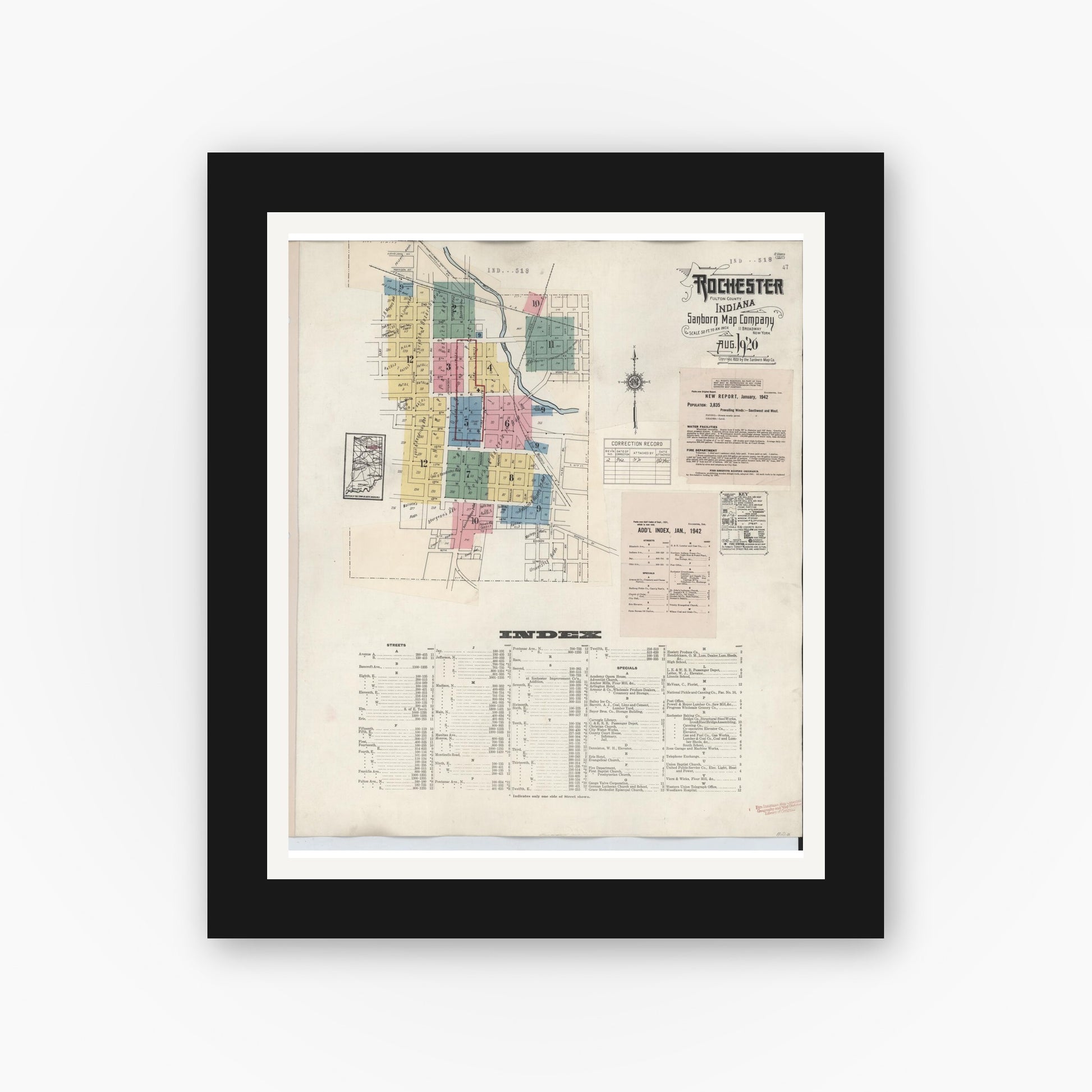 Old map wall art mockup — black gallery frame with white mat — Sanborn Fire Insurance Map from Rochester, Fulton County, Indiana (1942), Sheet #0001
