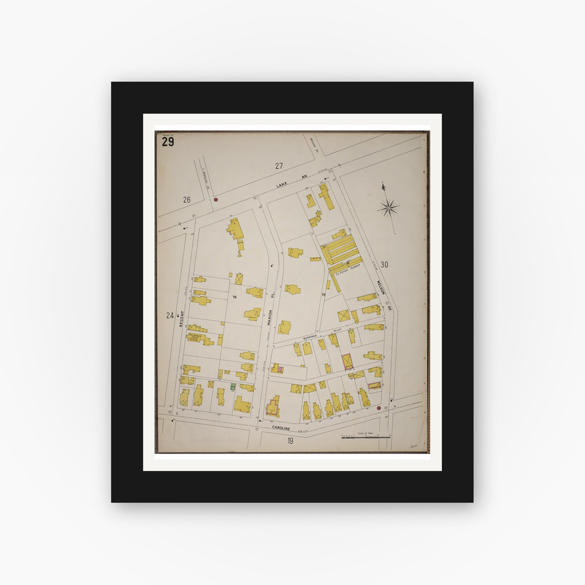 Old map wall art mockup — black gallery frame with white mat — Sanborn Fire Insurance Map from Saratoga, Saratoga County, New York (1900), Sheet #0029