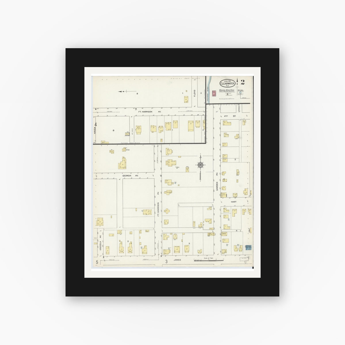Old map wall art mockup — black gallery frame with white mat — Sanborn Fire Insurance Map from Clearwater, Pinellas County, Florida (1913), Sheet #0002