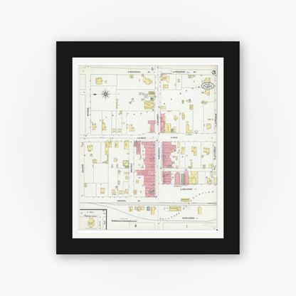 Old map wall art mockup — black gallery frame with white mat — Sanborn Fire Insurance Map from Plano, Collin County, Texas (1901), Sheet #0003