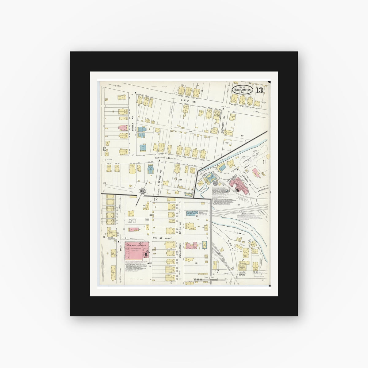 Old map wall art mockup — black gallery frame with white mat — Sanborn Fire Insurance Map from Northampton, Northampton County, Pennsylvania (1911), Sheet #0013