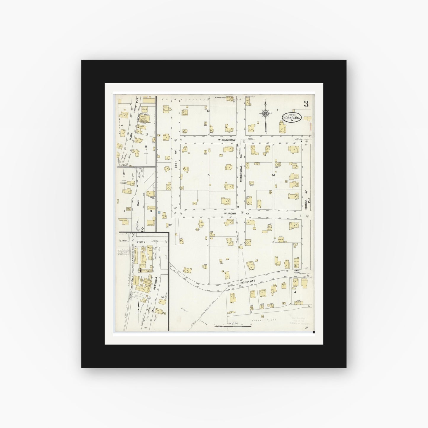 Old map wall art mockup — black gallery frame with white mat — Sanborn Fire Insurance Map from Edenburg, Clarion County, Pennsylvania (1912), Sheet #0003
