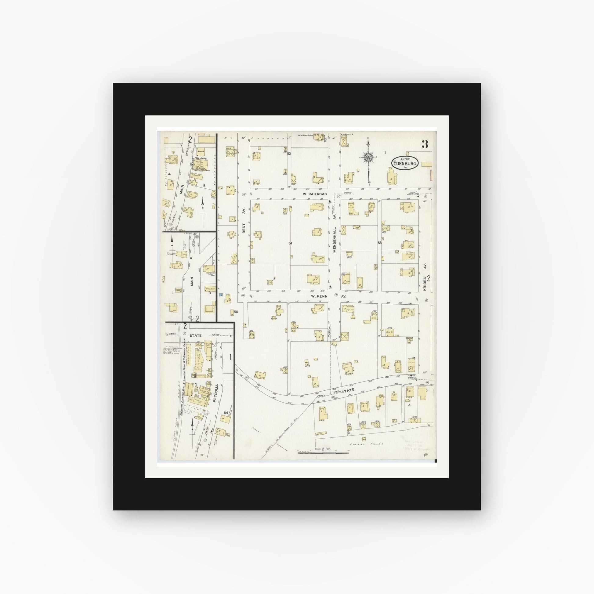 Old map wall art mockup — black gallery frame with white mat — Sanborn Fire Insurance Map from Edenburg, Clarion County, Pennsylvania (1912), Sheet #0003