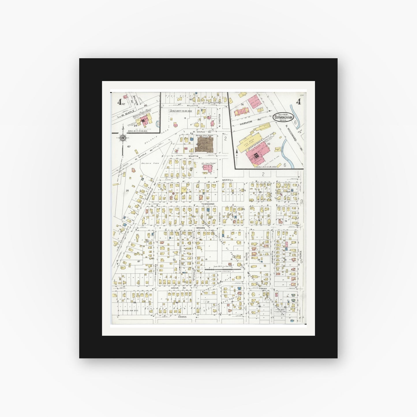 Old map wall art mockup — black gallery frame with white mat — Sanborn Fire Insurance Map from Birmingham, Oakland County, Michigan (1926), Sheet #0004