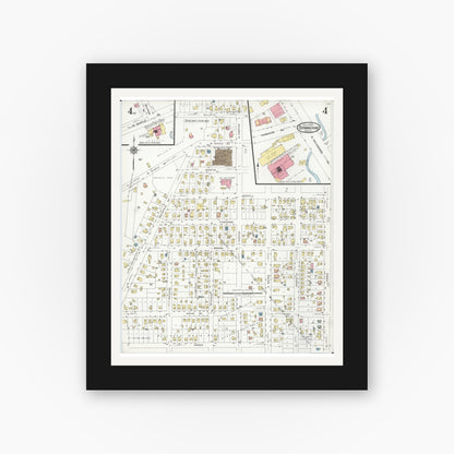Old map wall art mockup — black gallery frame with white mat — Sanborn Fire Insurance Map from Birmingham, Oakland County, Michigan (1926), Sheet #0004