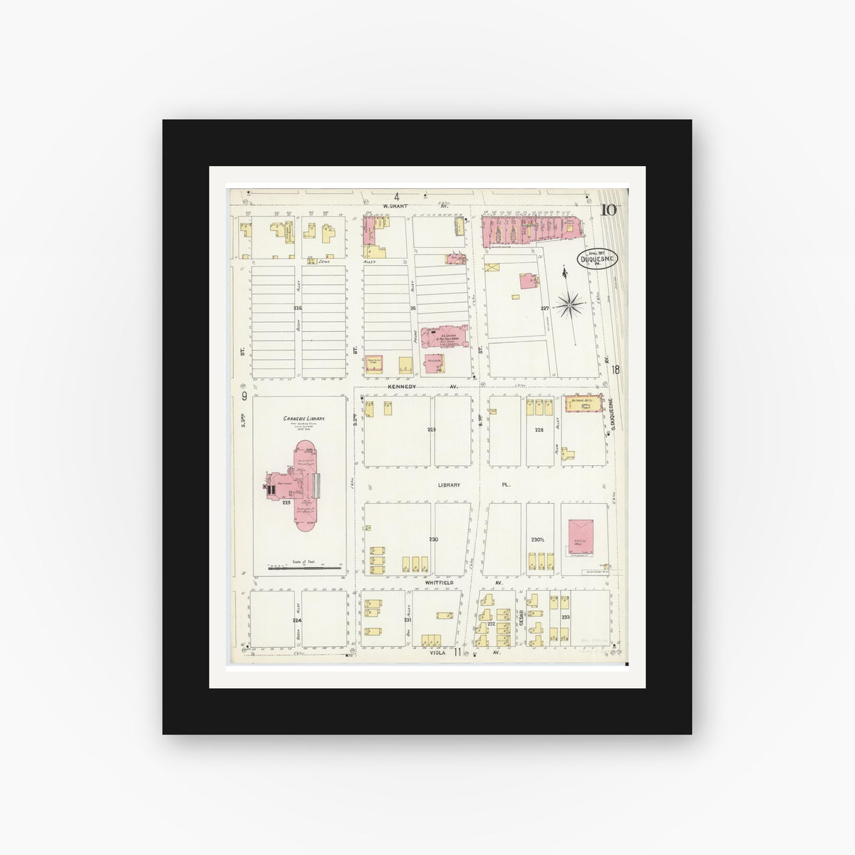 Old map wall art mockup — black gallery frame with white mat — Sanborn Fire Insurance Map from Duquesne, Allegheny County, Pennsylvania (1907), Sheet #0010