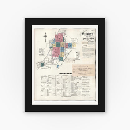 Old map wall art mockup — black gallery frame with white mat — Sanborn Fire Insurance Map from Auburn, De Kalb County, Indiana (1946), Sheet #0001