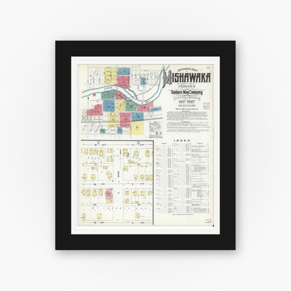 Old map wall art mockup — black gallery frame with white mat — Sanborn Fire Insurance Map from Mishawaka, Saint Joseph County, Indiana (1907) - Complete Map Set