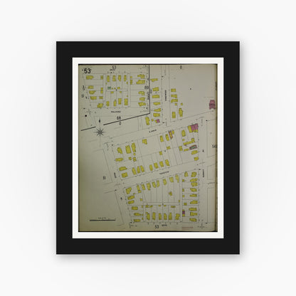 Old map wall art mockup — black gallery frame with white mat — Sanborn Fire Insurance Map from Jackson, Jackson County, Michigan (1907), Sheet #0053