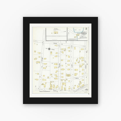 Old map wall art mockup — black gallery frame with white mat — Sanborn Fire Insurance Map from Mansfield, Bristol County, Massachusetts (1911), Sheet #0005