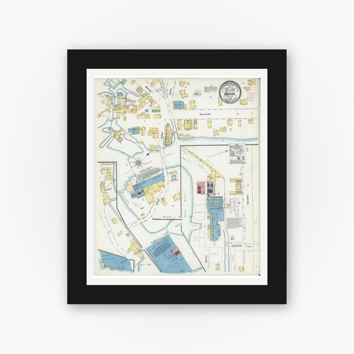 Old map wall art mockup — black gallery frame with white mat — Sanborn Fire Insurance Map from Dexter, Jefferson County, New York (1906), Sheet #0001