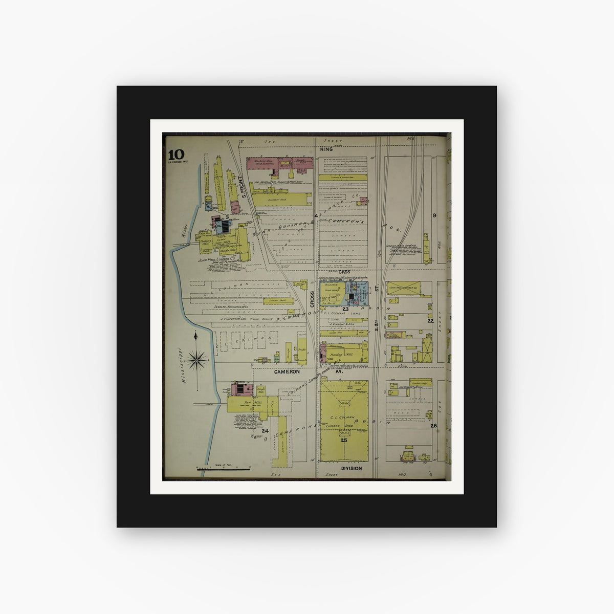 Old map wall art mockup — black gallery frame with white mat — Sanborn Fire Insurance Map from La Crosse, La Crosse County, Wisconsin (1891), Sheet #0010