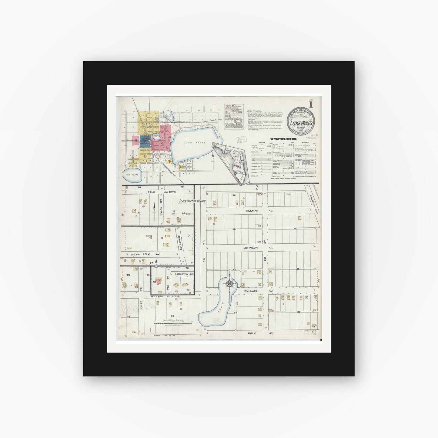 Old map wall art mockup — black gallery frame with white mat — Sanborn Fire Insurance Map from Lake Wales, Polk County, Florida (1920), Sheet #0001