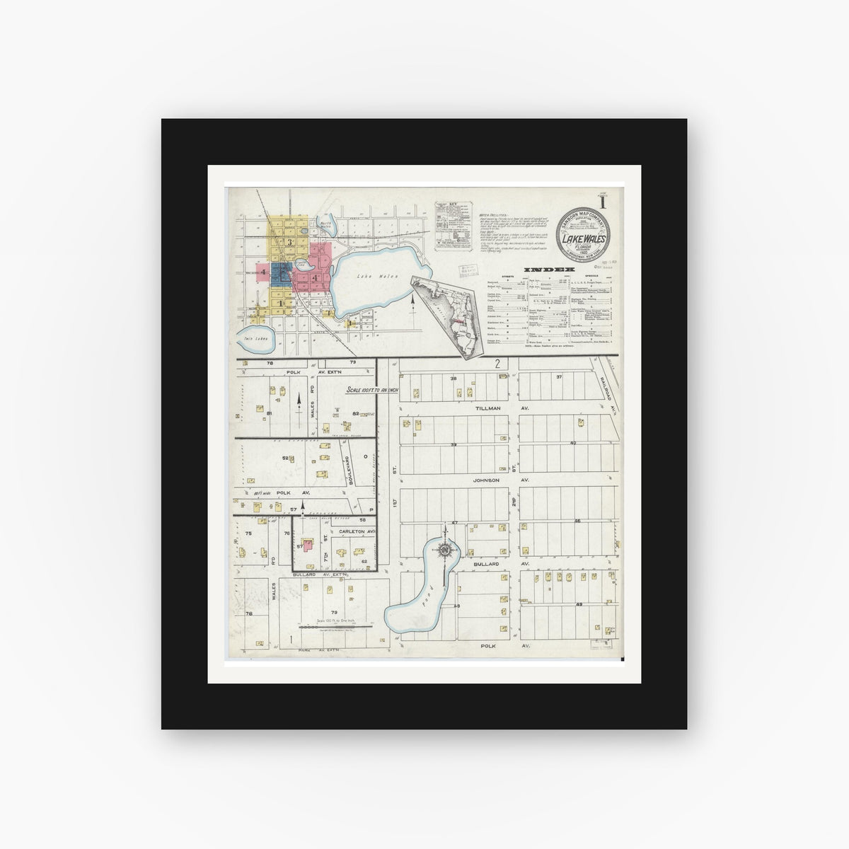 Old map wall art mockup — black gallery frame with white mat — Sanborn Fire Insurance Map from Lake Wales, Polk County, Florida (1920), Sheet #0001