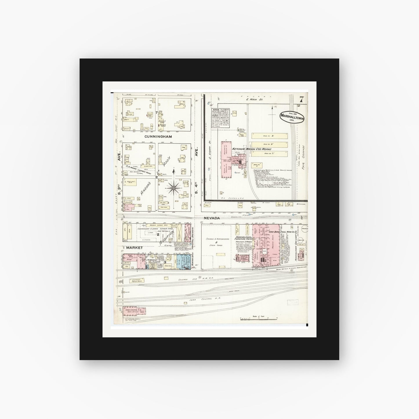 Old map wall art mockup — black gallery frame with white mat — Sanborn Fire Insurance Map from Marshalltown, Marshall County, Iowa (1884), Sheet #0007