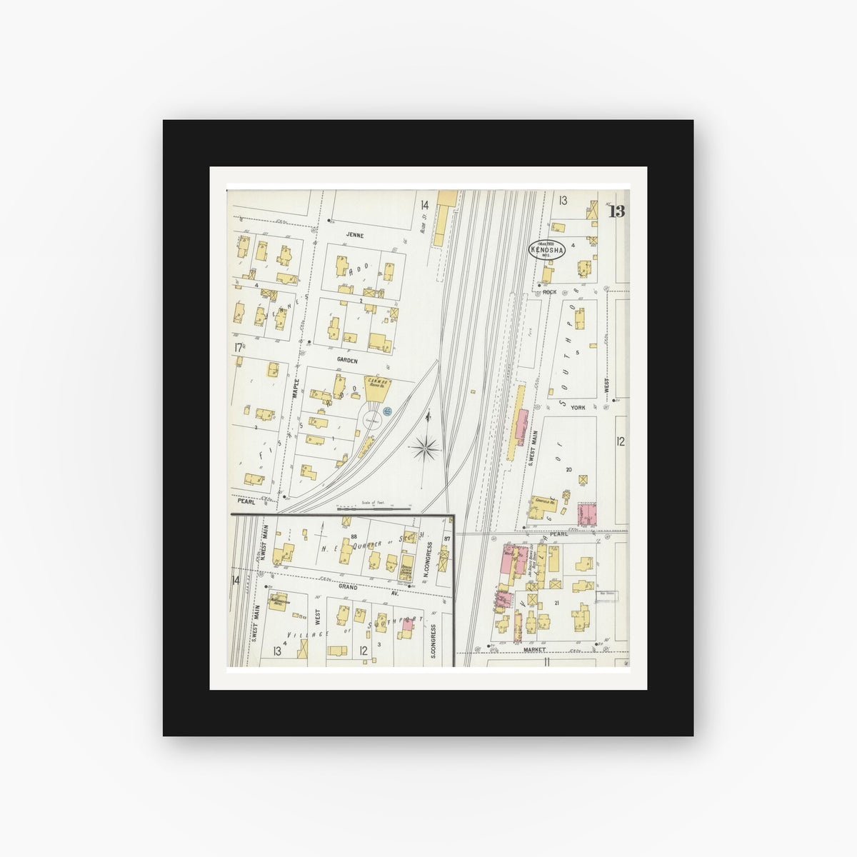 Old map wall art mockup — black gallery frame with white mat — Sanborn Fire Insurance Map from Kenosha, Kenosha County, Wisconsin (1900), Sheet #0013