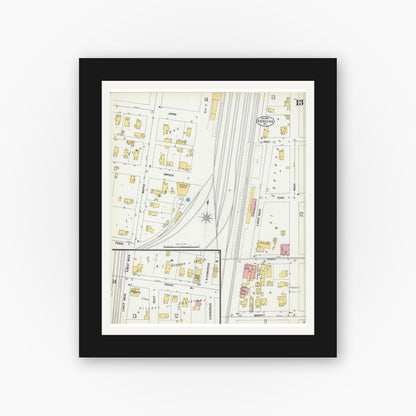 Old map wall art mockup — black gallery frame with white mat — Sanborn Fire Insurance Map from Kenosha, Kenosha County, Wisconsin (1900), Sheet #0013