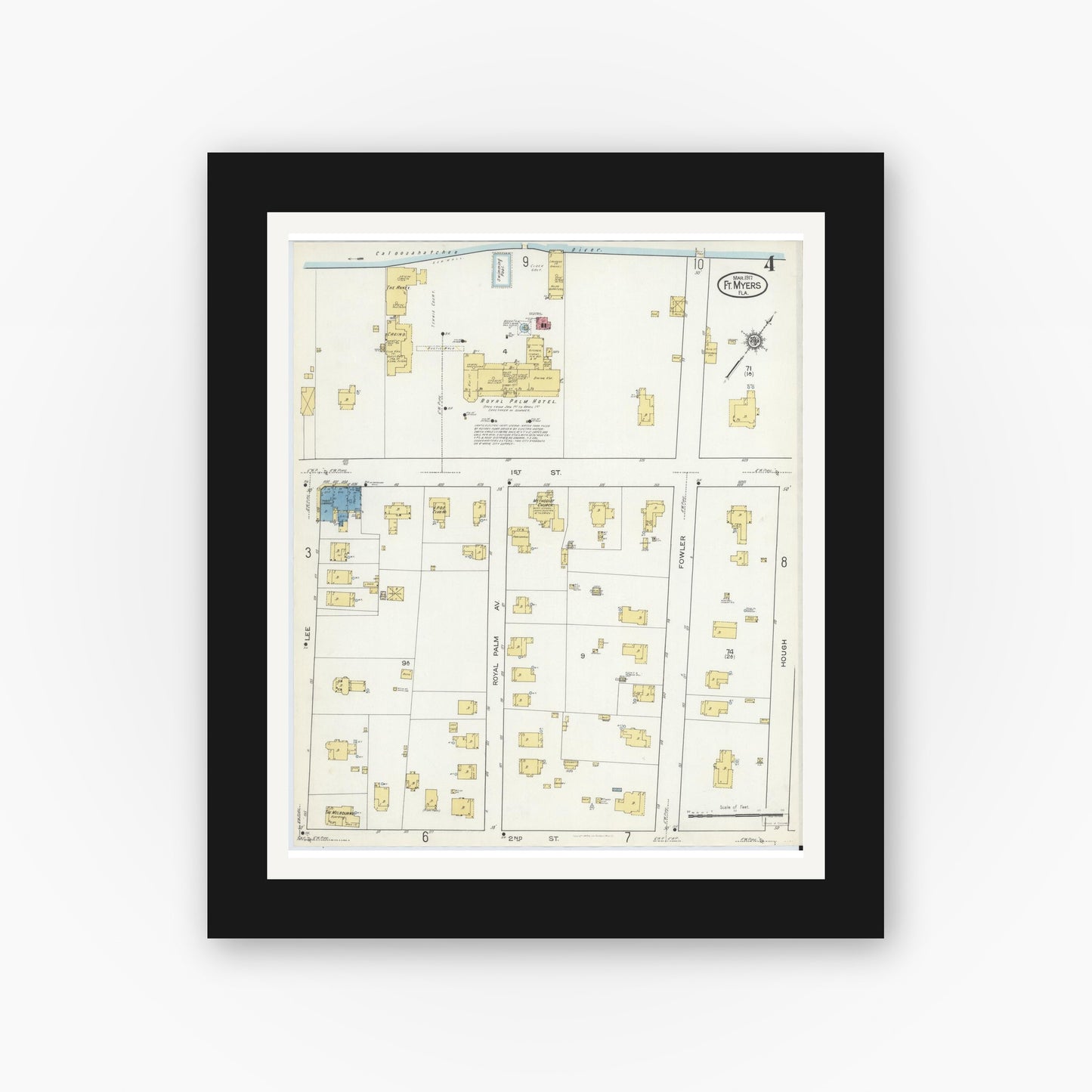 Old map wall art mockup — black gallery frame with white mat — Sanborn Fire Insurance Map from Fort Myers, Lee County, Florida (1917), Sheet #0004
