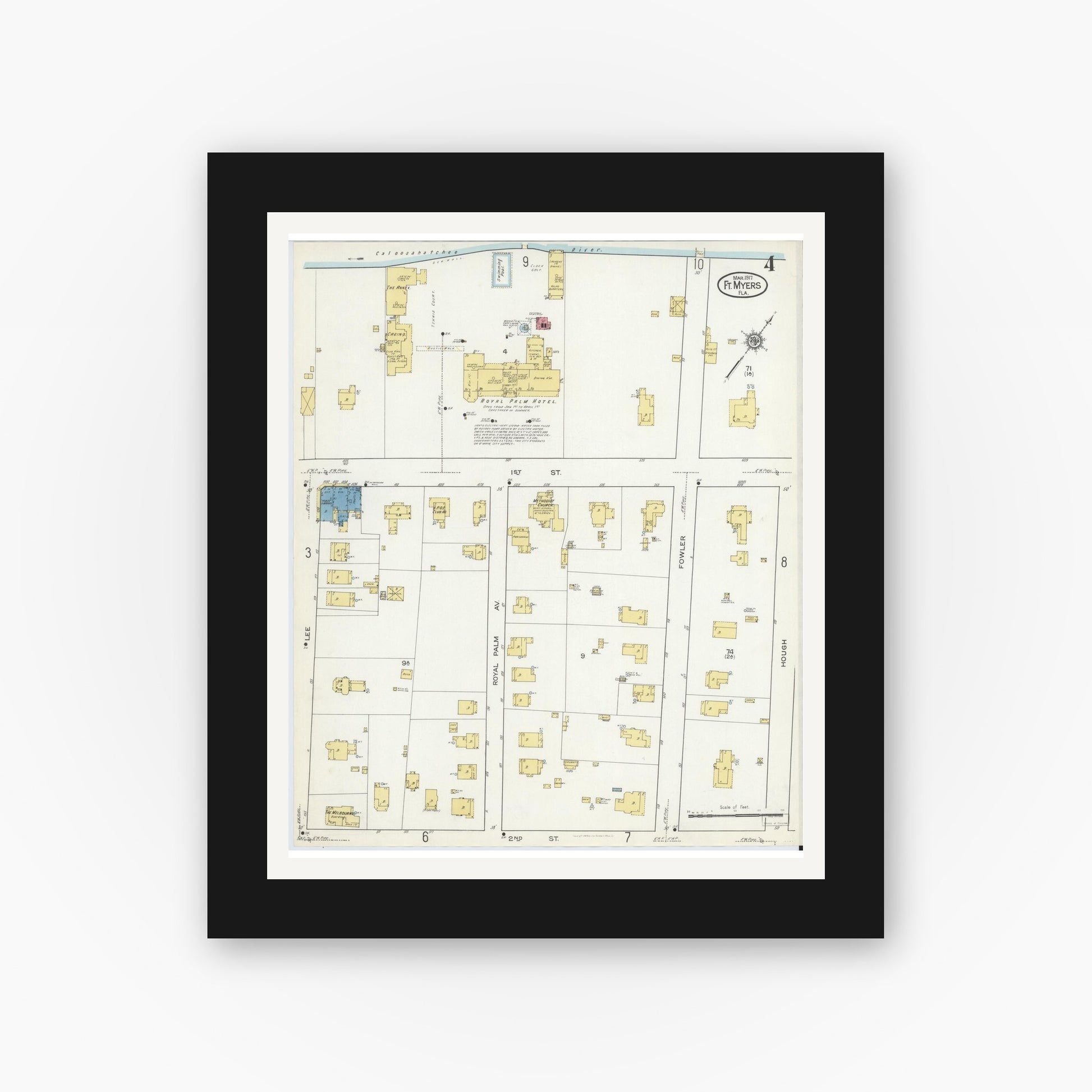 Old map wall art mockup — black gallery frame with white mat — Sanborn Fire Insurance Map from Fort Myers, Lee County, Florida (1917), Sheet #0004
