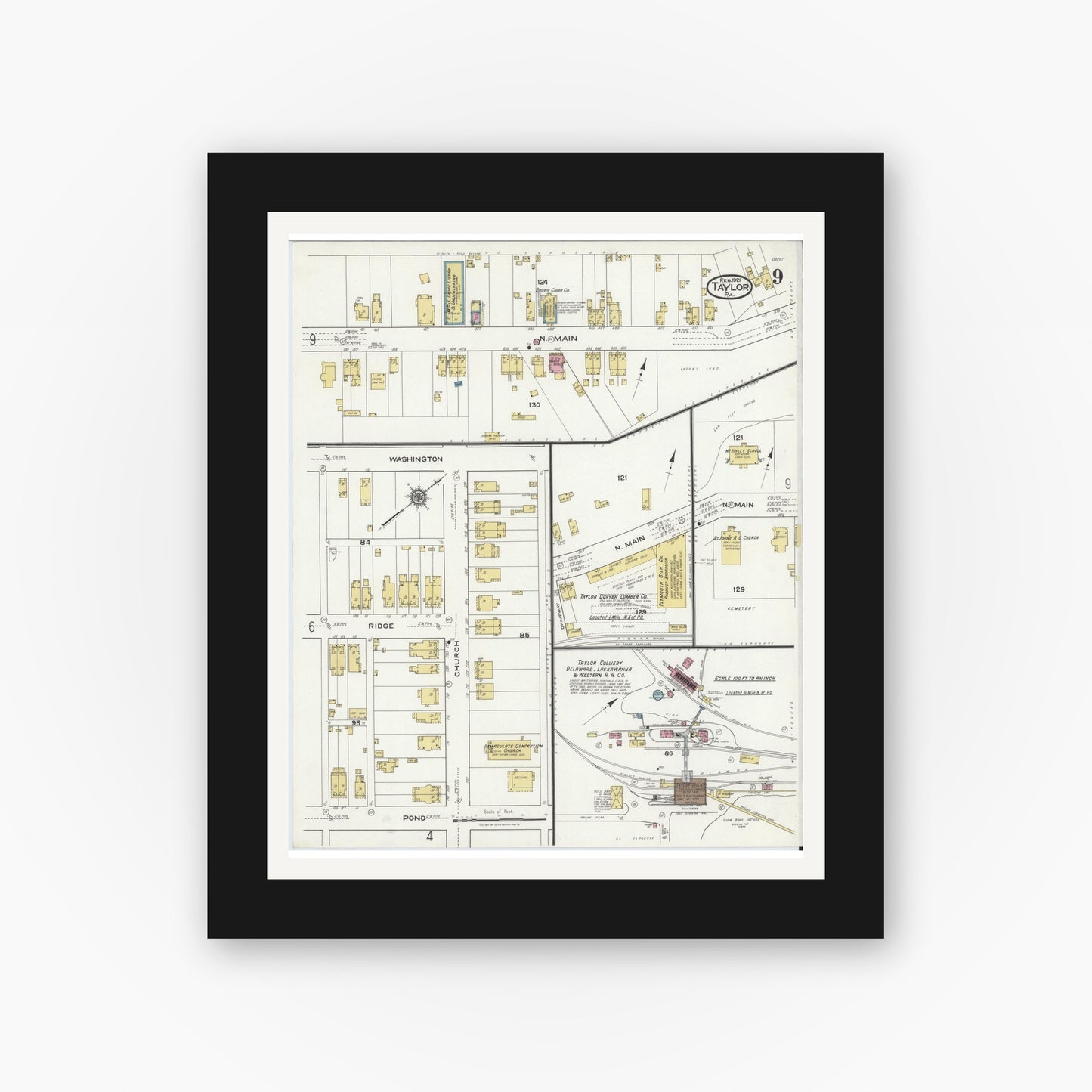 Old map wall art mockup — black gallery frame with white mat — Sanborn Fire Insurance Map from Taylor, Lackawanna County, Pennsylvania (1921), Sheet #0009