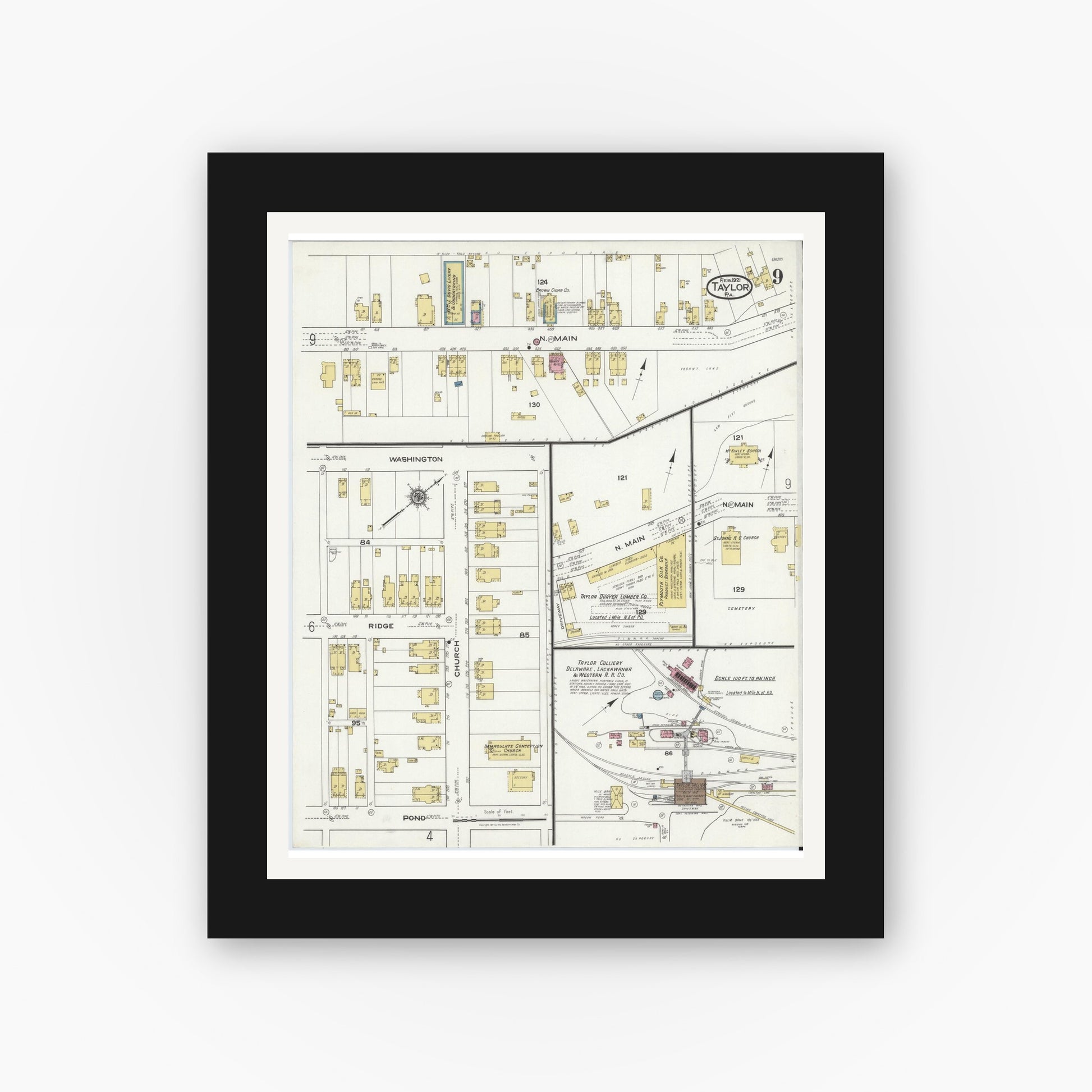 Old map wall art mockup — black gallery frame with white mat — Sanborn Fire Insurance Map from Taylor, Lackawanna County, Pennsylvania (1921), Sheet #0009