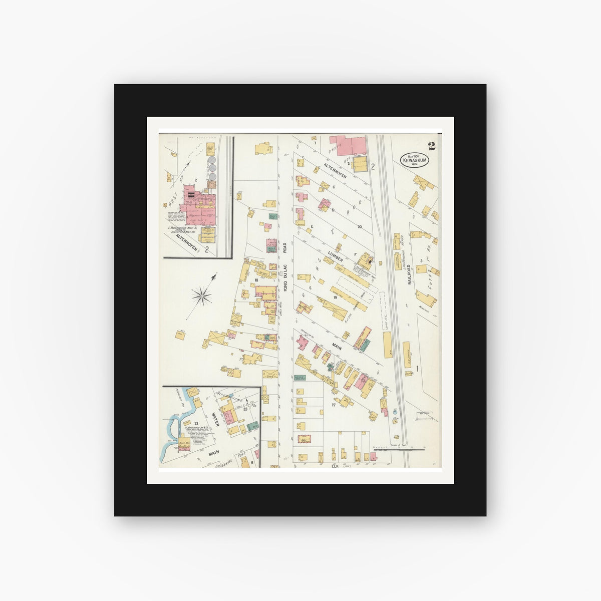Old map wall art mockup — black gallery frame with white mat — Sanborn Fire Insurance Map from Kewaskum, Washington County, Wisconsin (1900), Sheet #0002