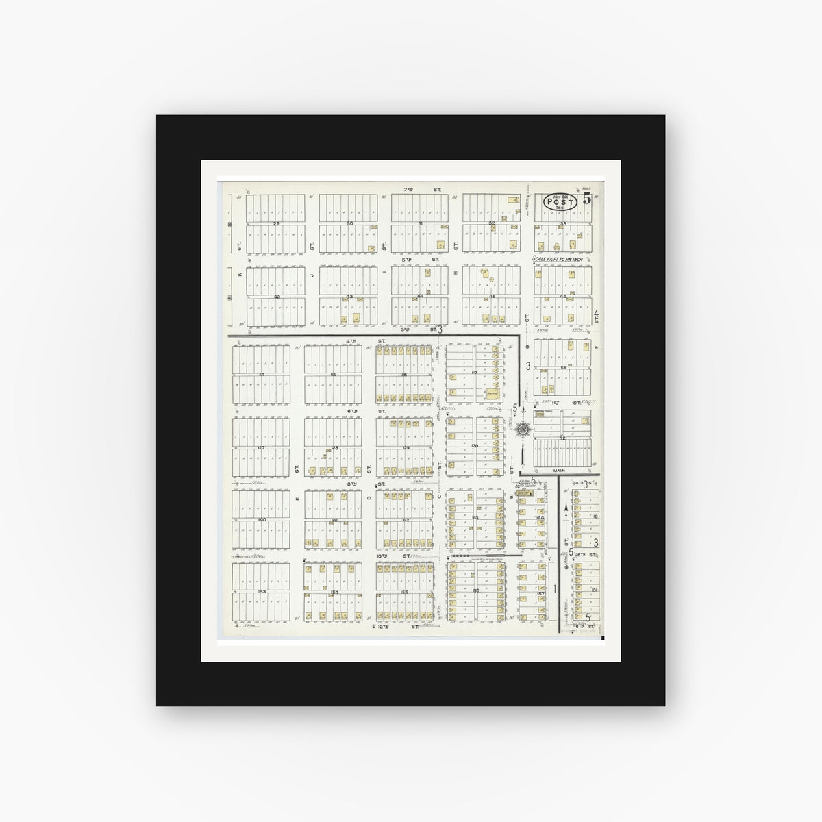 Old map wall art mockup — black gallery frame with white mat — Sanborn Fire Insurance Map from Post, Garza County, Texas (1921), Sheet #0005