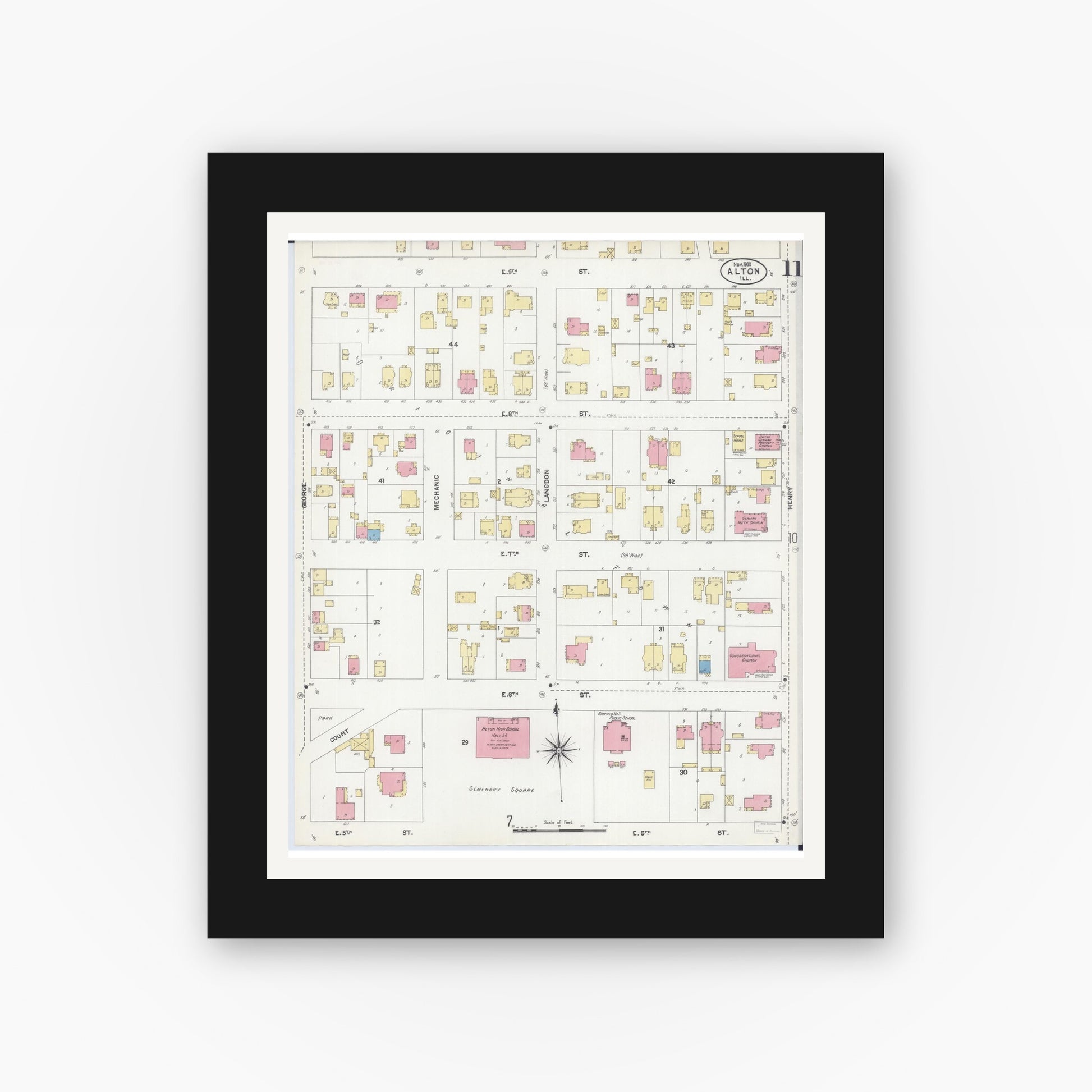 Old map wall art mockup — black gallery frame with white mat — Sanborn Fire Insurance Map from Alton, Madison County, Illinois (1902), Sheet #0011
