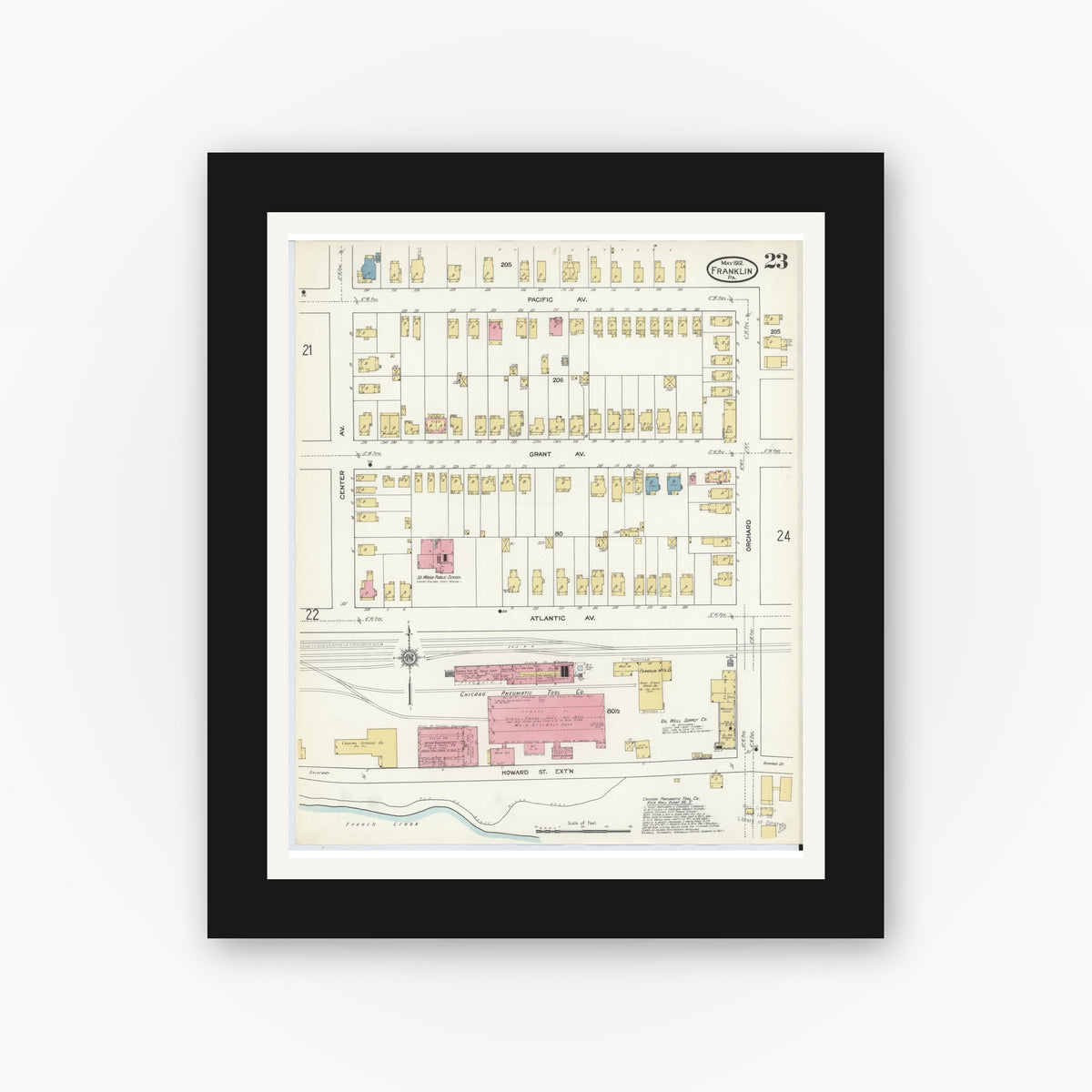 Old map wall art mockup — black gallery frame with white mat — Sanborn Fire Insurance Map from Franklin, Venango County, Pennsylvania (1912), Sheet #0023