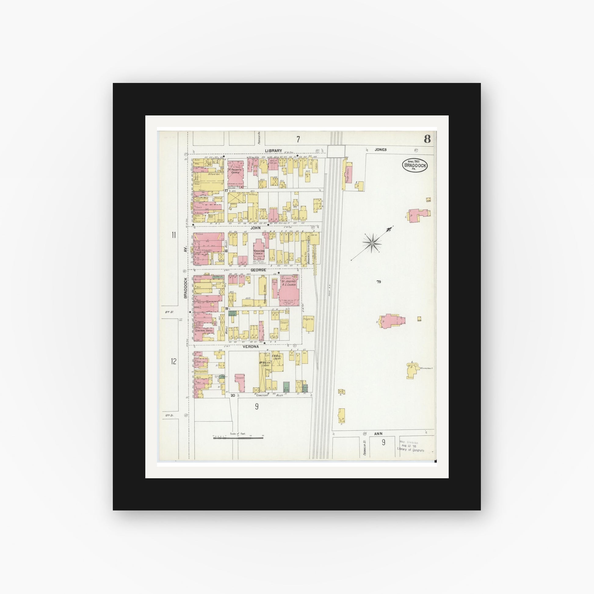 Old map wall art mockup — black gallery frame with white mat — Sanborn Fire Insurance Map from Braddock, Allegheny County, Pennsylvania (1901), Sheet #0008