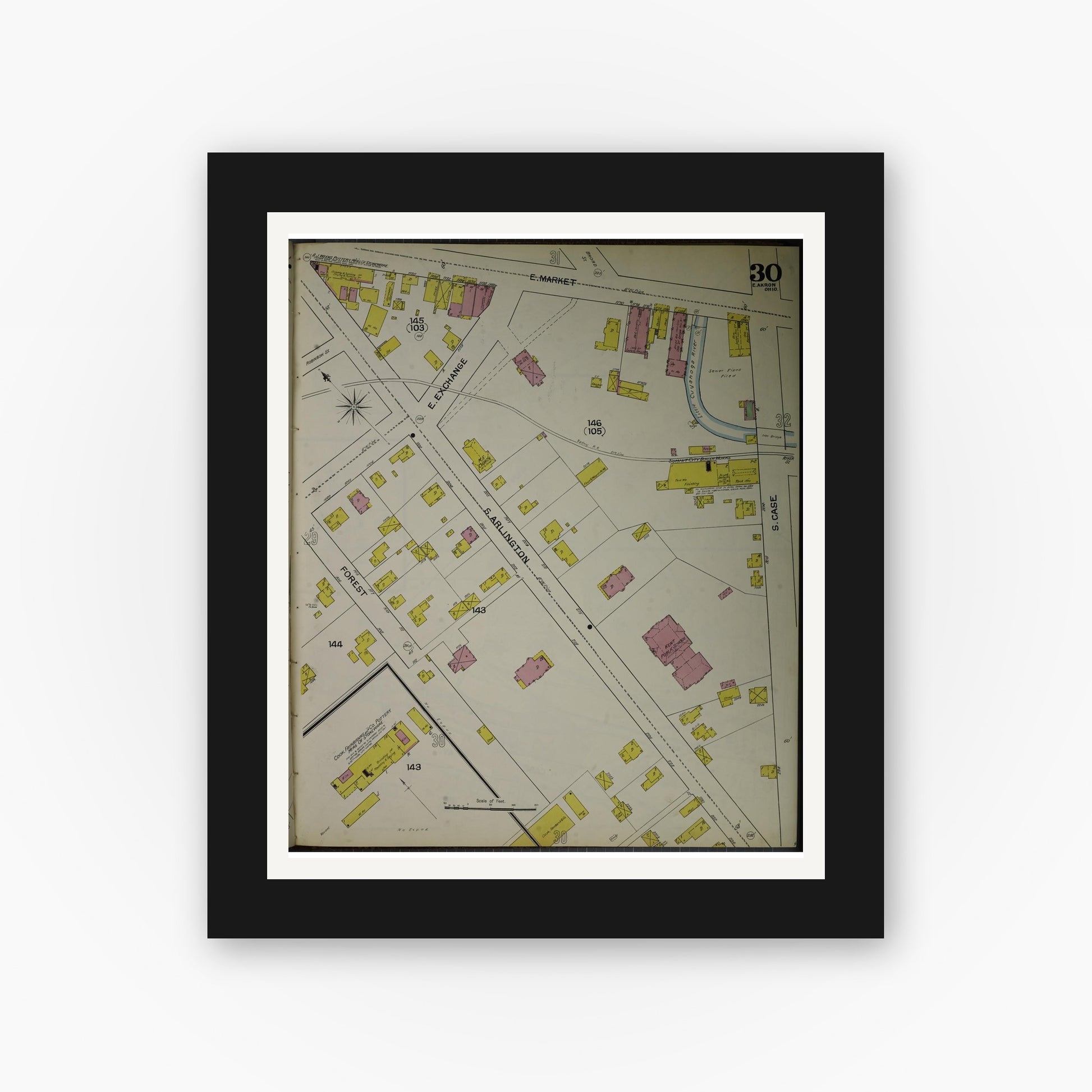 Old map wall art mockup — black gallery frame with white mat — Sanborn Fire Insurance Map from Akron, Summit County, Ohio (1892), Sheet #0030