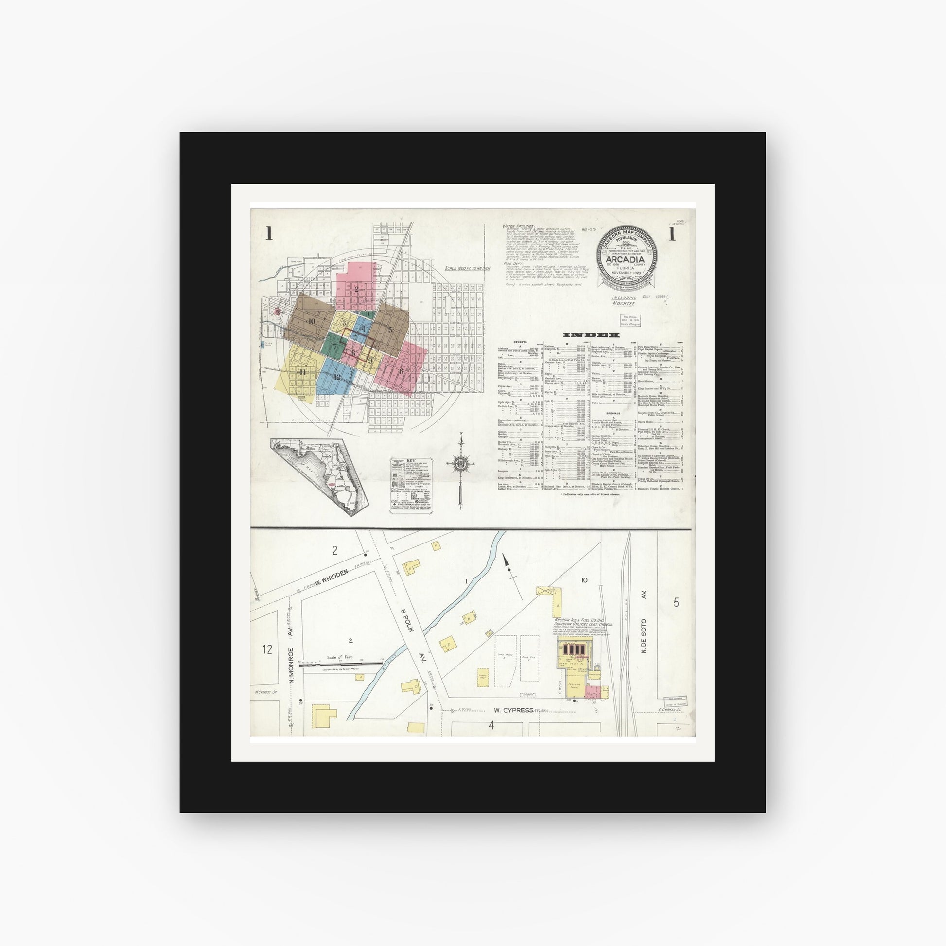 Old map wall art mockup — black gallery frame with white mat — Sanborn Fire Insurance Map from Arcadia, DeSoto County, Florida (1923) - Complete Map Set