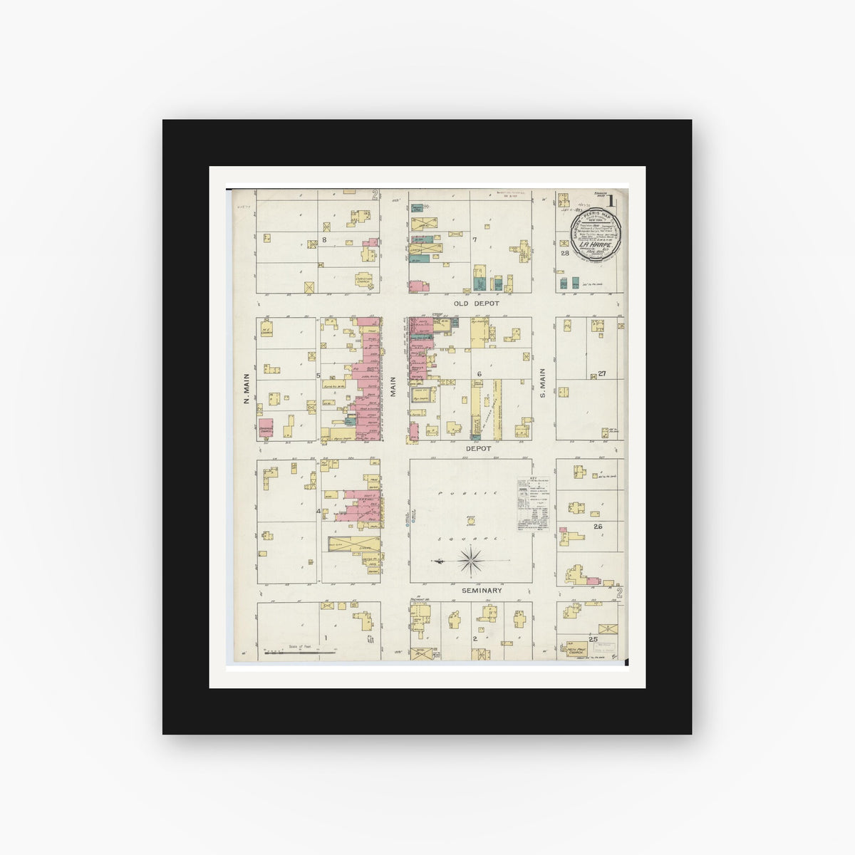 Old map wall art mockup — black gallery frame with white mat — Sanborn Fire Insurance Map from La Harpe, Hancock County, Illinois (1893), Sheet #0001