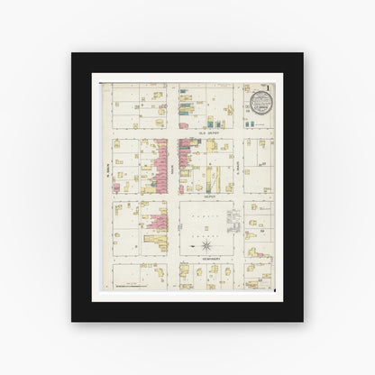 Old map wall art mockup — black gallery frame with white mat — Sanborn Fire Insurance Map from La Harpe, Hancock County, Illinois (1893), Sheet #0001
