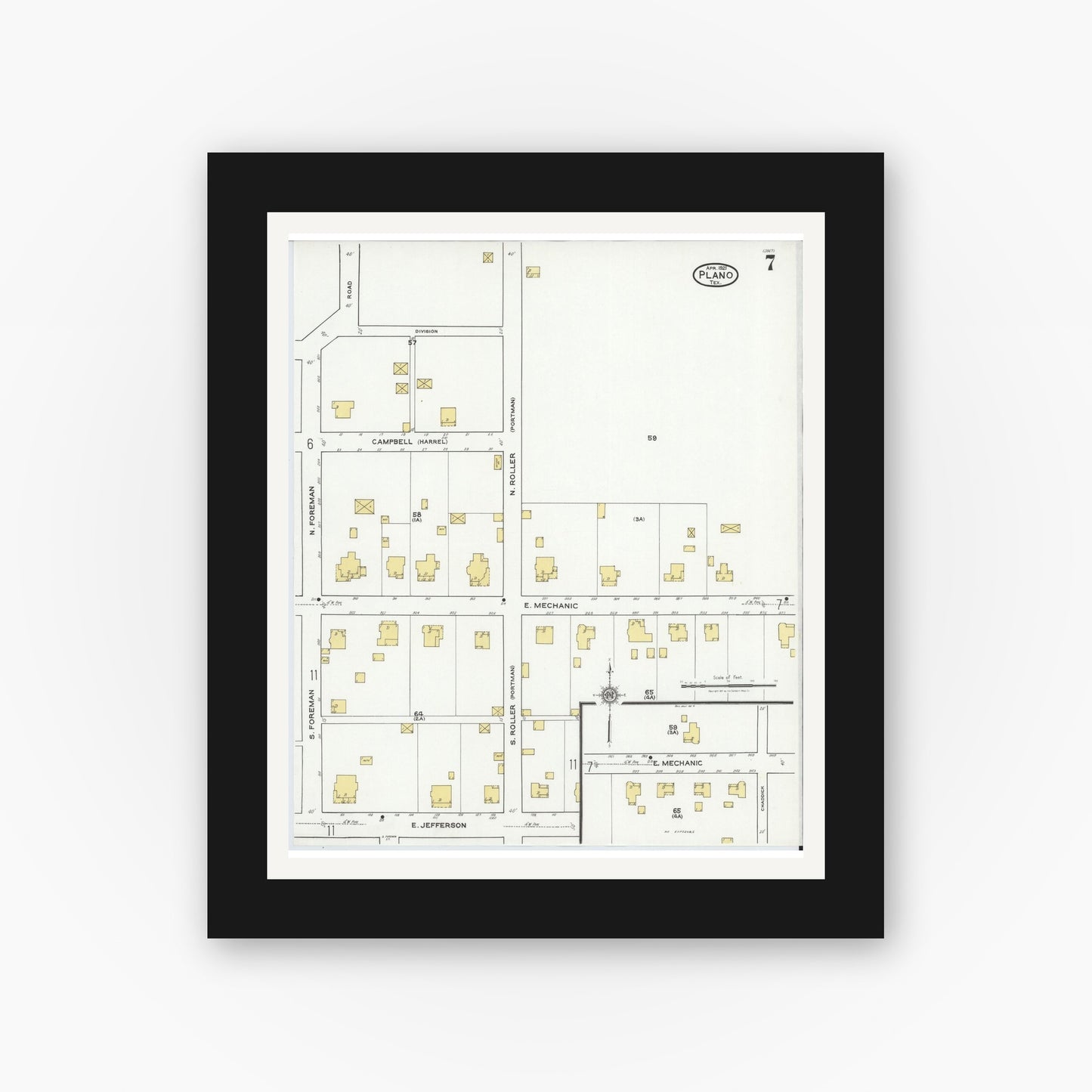Old map wall art mockup — black gallery frame with white mat — Sanborn Fire Insurance Map from Plano, Collin County, Texas (1921), Sheet #0007