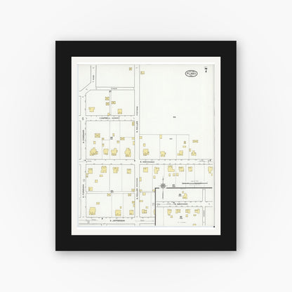 Old map wall art mockup — black gallery frame with white mat — Sanborn Fire Insurance Map from Plano, Collin County, Texas (1921), Sheet #0007