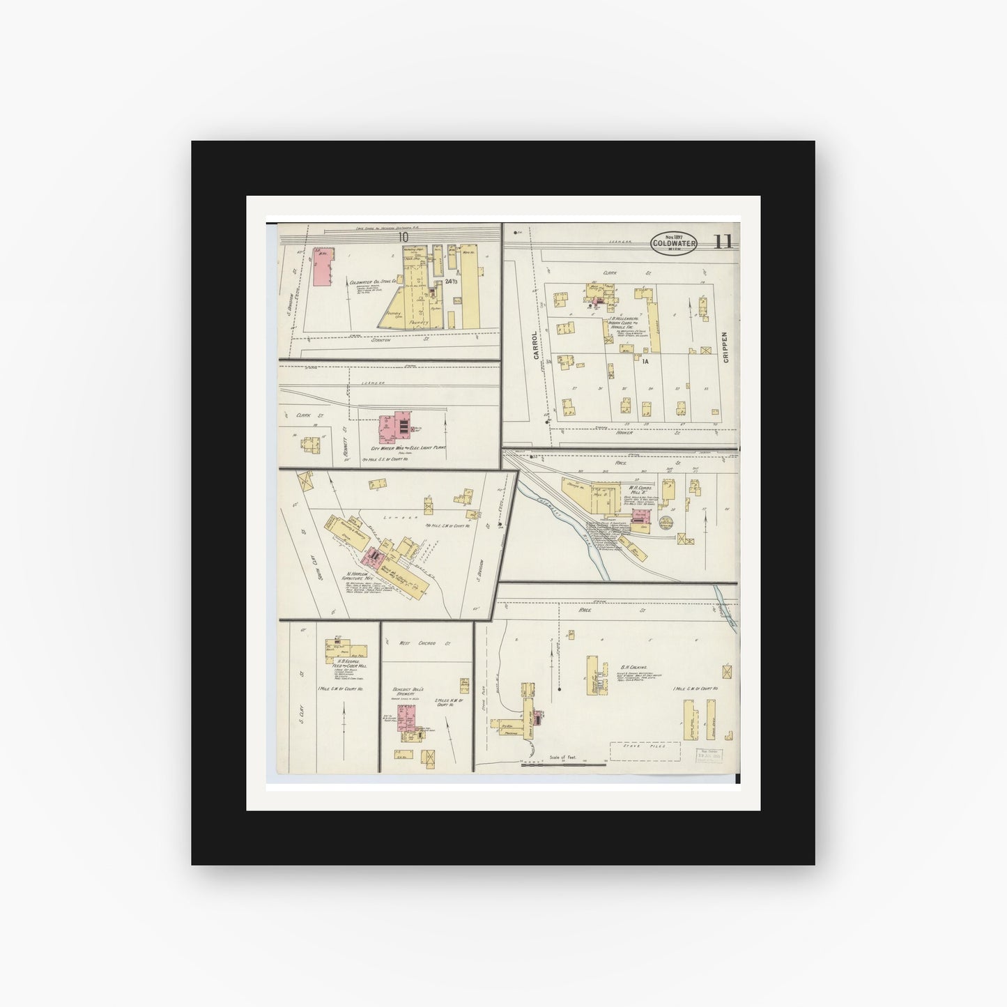Old map wall art mockup — black gallery frame with white mat — Sanborn Fire Insurance Map from Coldwater, Branch County, Michigan (1897), Sheet #0011