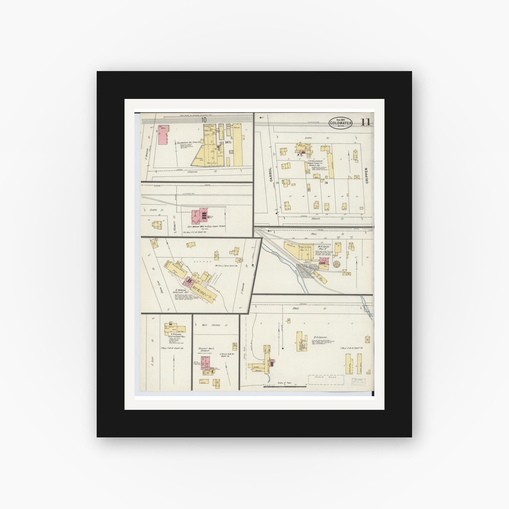 Old map wall art mockup — black gallery frame with white mat — Sanborn Fire Insurance Map from Coldwater, Branch County, Michigan (1897), Sheet #0011
