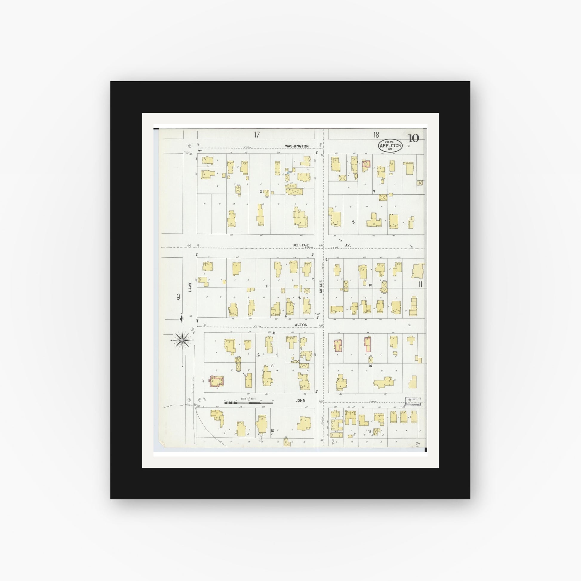 Old map wall art mockup — black gallery frame with white mat — Sanborn Fire Insurance Map from Appleton, Outagamie County, Wisconsin (1901), Sheet #0010