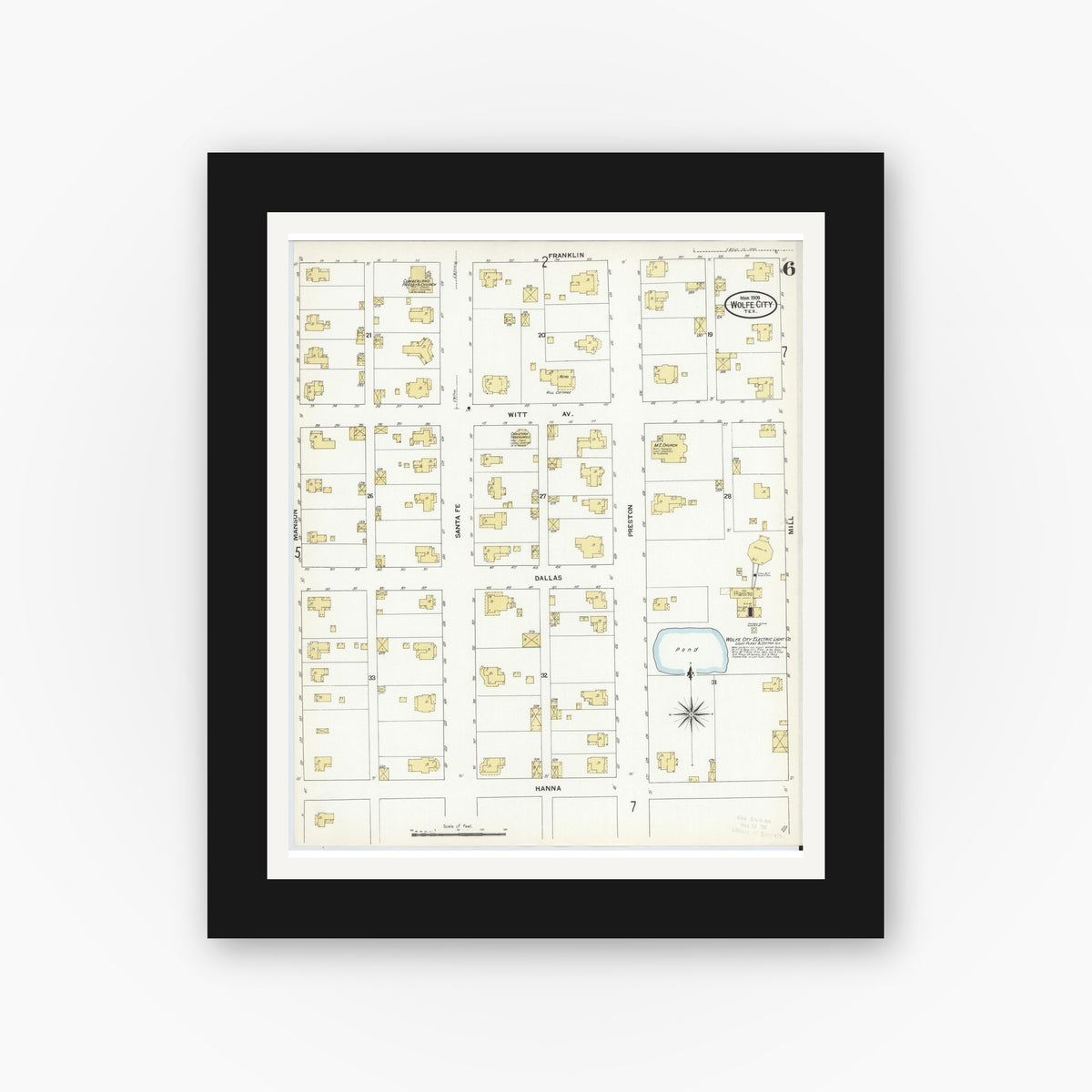 Old map wall art mockup — black gallery frame with white mat — Sanborn Fire Insurance Map from Wolfe City, Hunt County, Texas (1909), Sheet #0006