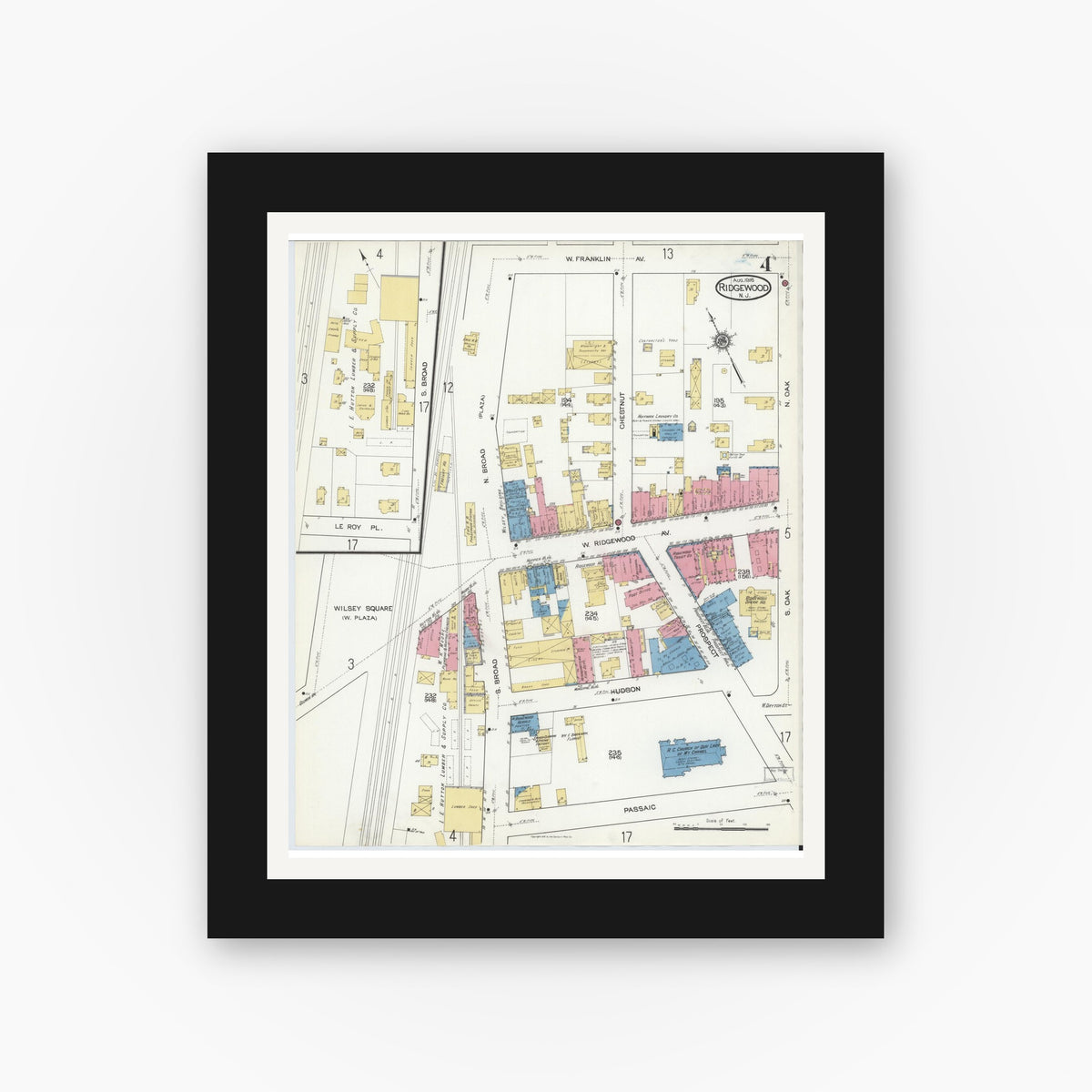 Old map wall art mockup — black gallery frame with white mat — Sanborn Fire Insurance Map from Ridgewood, Bergen County, New Jersey (1916), Sheet #0004