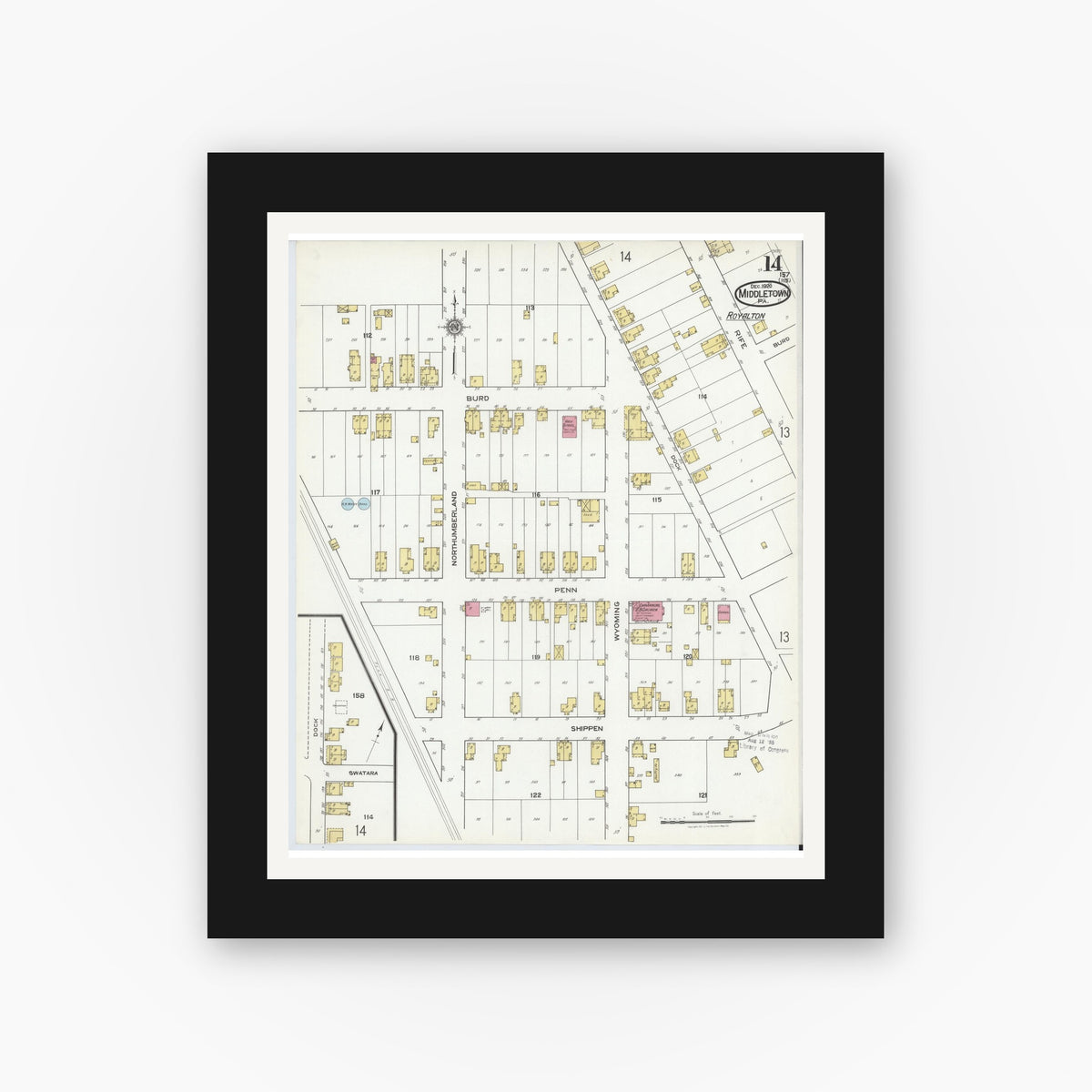 Old map wall art mockup — black gallery frame with white mat — Sanborn Fire Insurance Map from Middletown, Dauphin County, Pennsylvania (1920), Sheet #0014